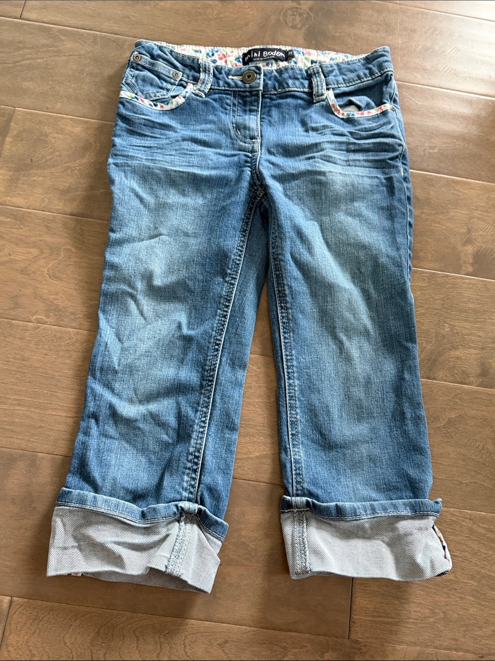 Mini Boden Light Blue Boyfriend Capri Jeans with Floral Trim